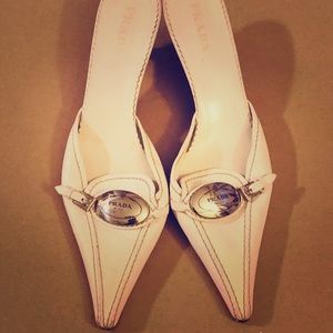 SAUCY CHIC PRADA WHITE LEATHER HEELS SIZE 39/ 8.5